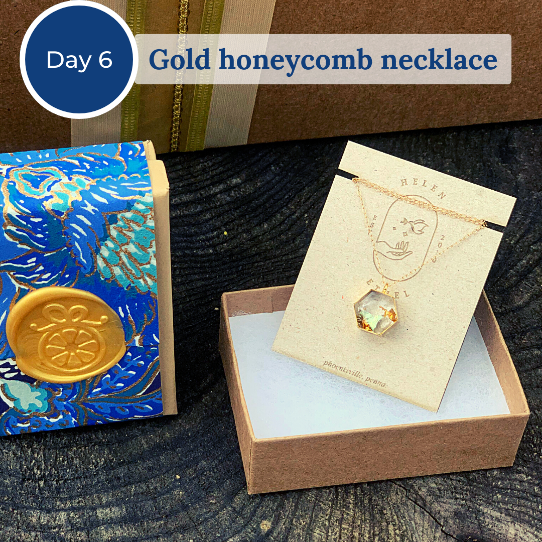 Gold honeycomb necklace in a gift box