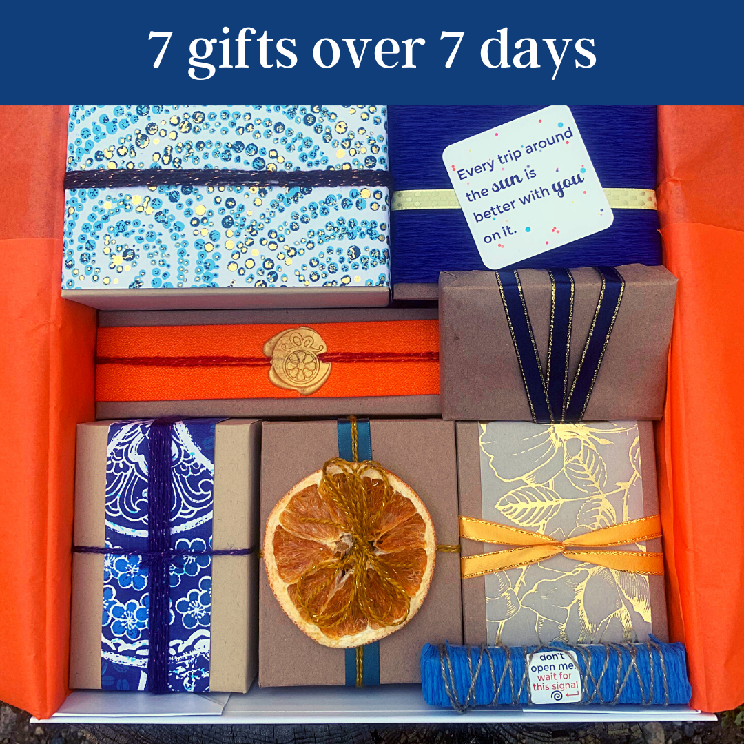 Interior of 7-day Birthday Countdown Calendar with 8 hand-wrapped gifts