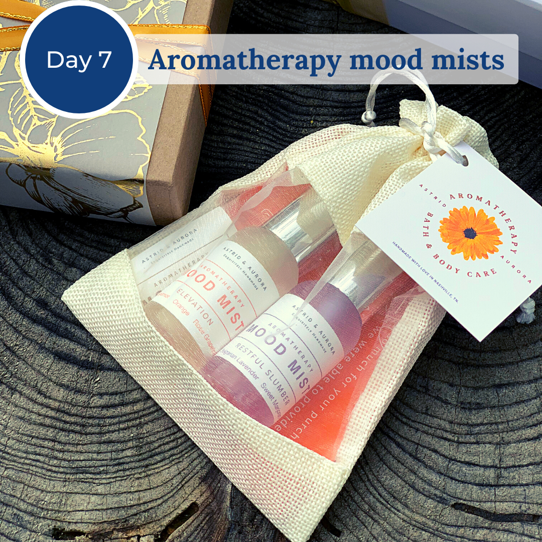 Two aromatherapy mood mists in a sheer bag