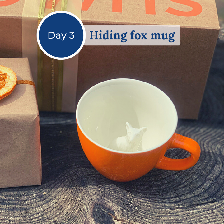 Orange and cream mug with a fox in the bottom