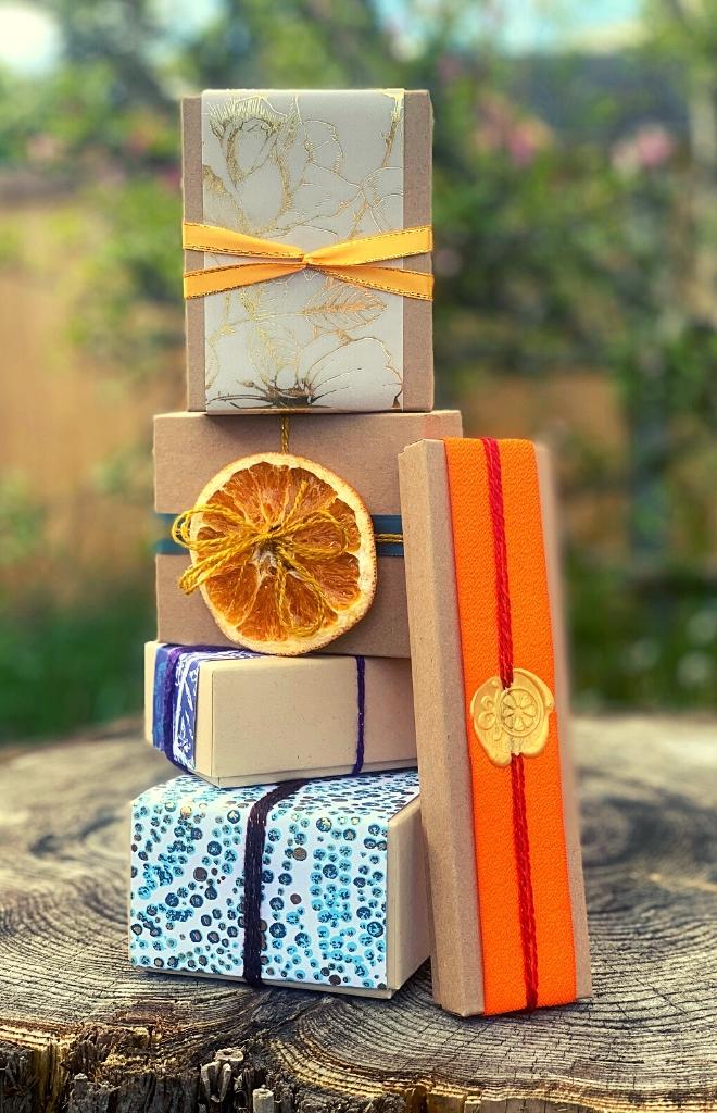 Tower of hand-wrapped gift boxes