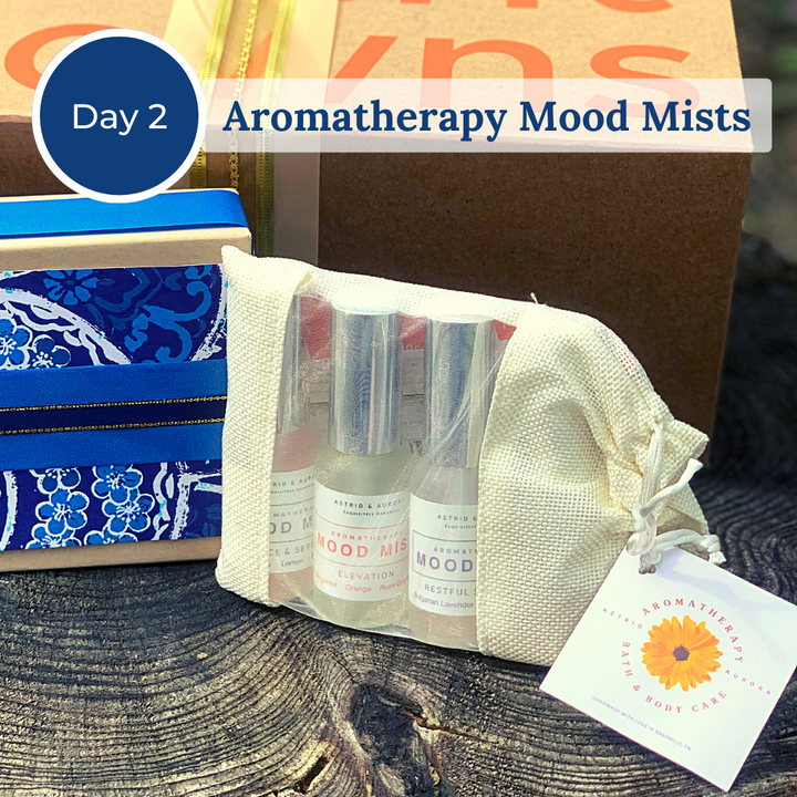 Four aromatherapy mood mists in a sheer bag