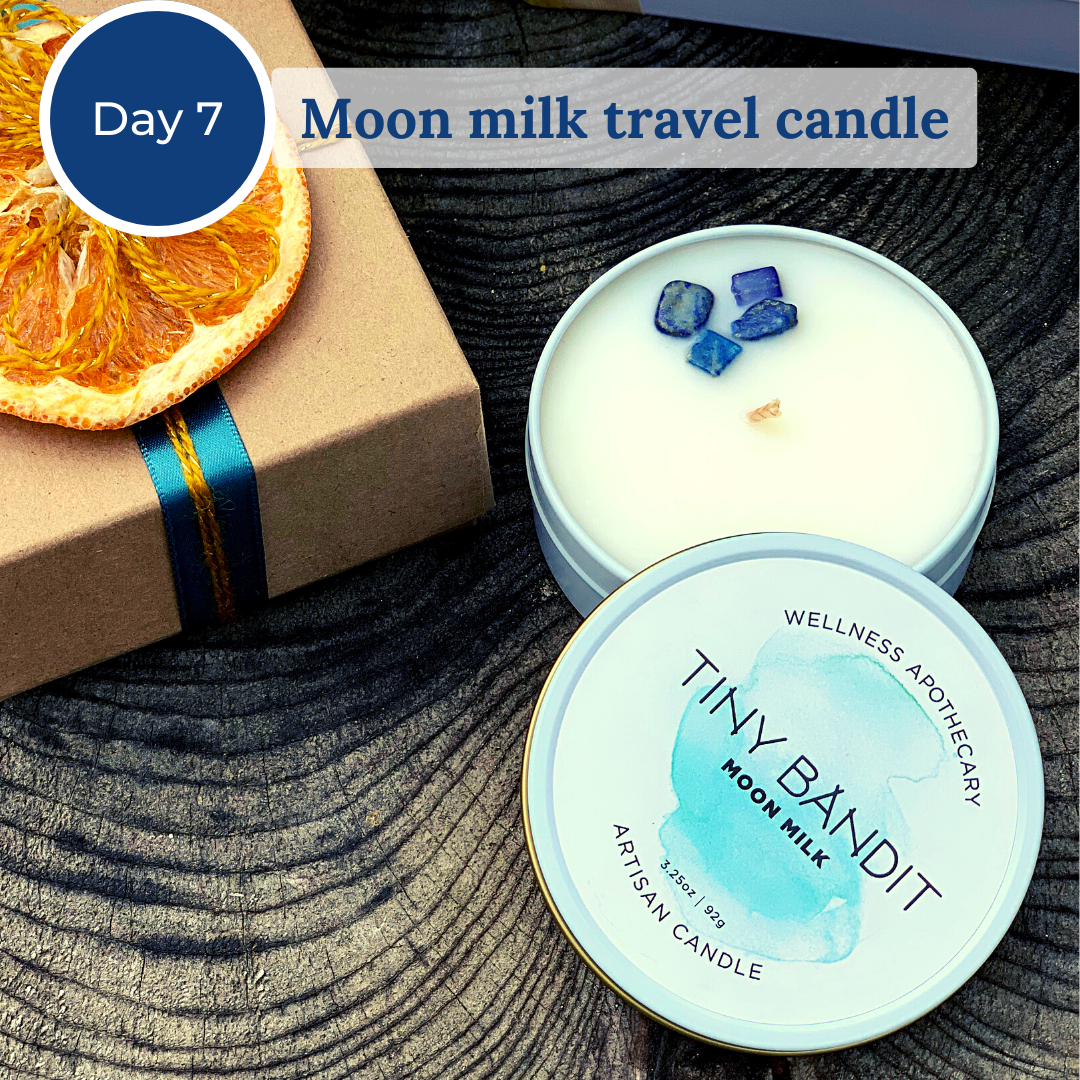 Moon milk travel candle with blue crystals